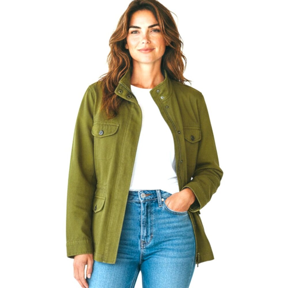 TALBOTS Olive Herringbone Cotton‎ Button Up Utility Safari Jacket